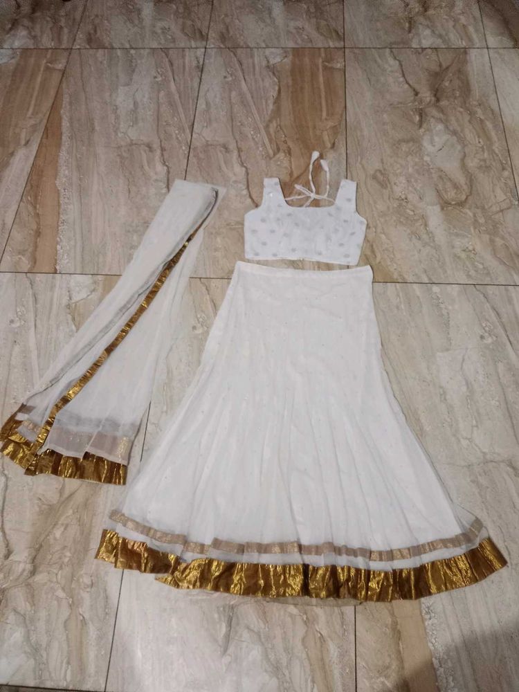 White Lehanga Set With Net Dupatta