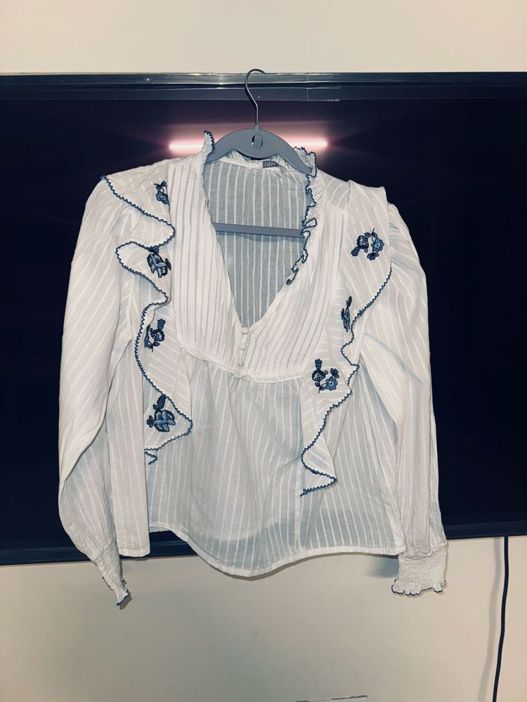Ruffled Embroidered White Blouse
