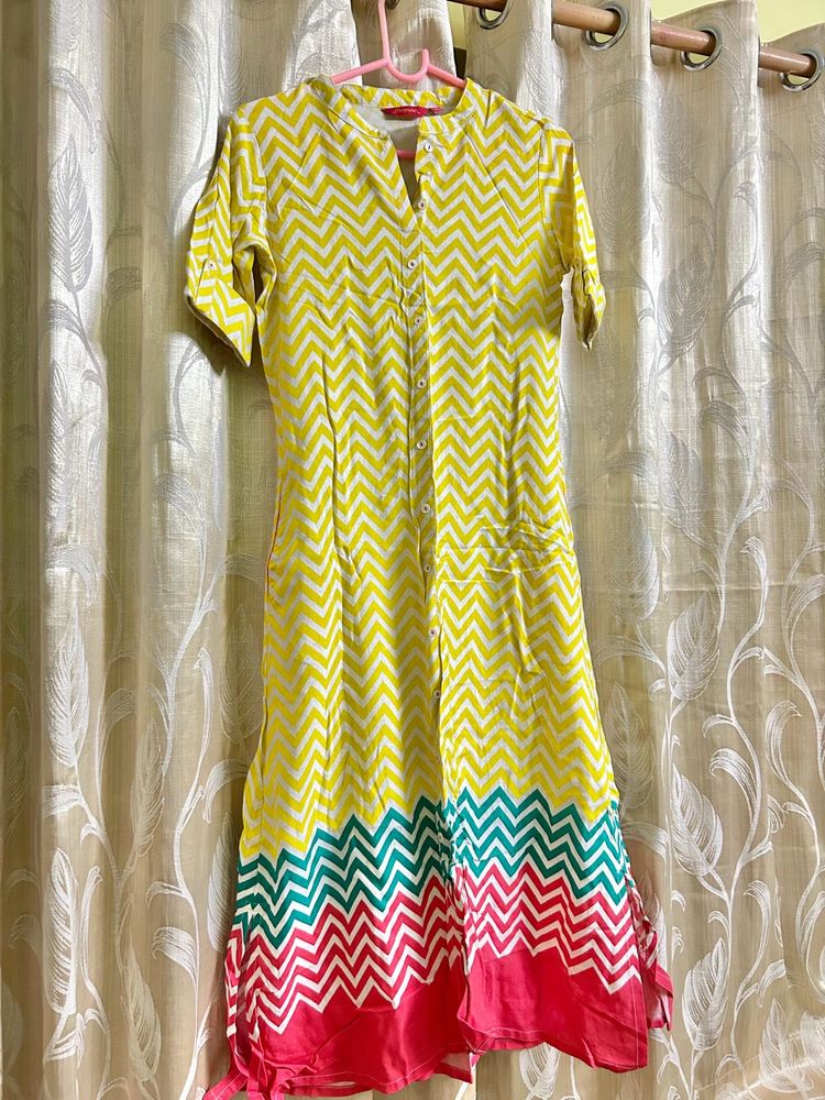 Yellow Printed Kurti With Pocket