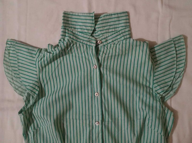 Stylish Green Striped Ruffle Sleeve Top