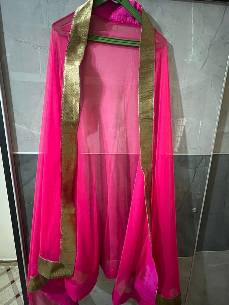 Elegant Pink Net Dupatta with Golden Border
