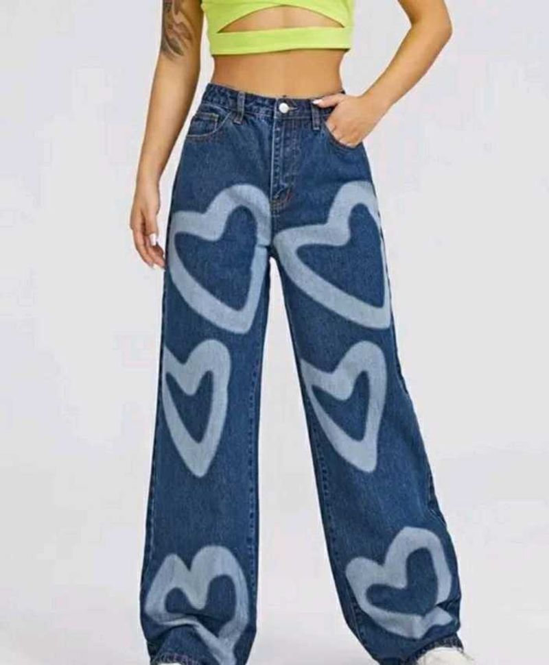 Wide Leg Jeans Heart Print Stretchy Denim Jean