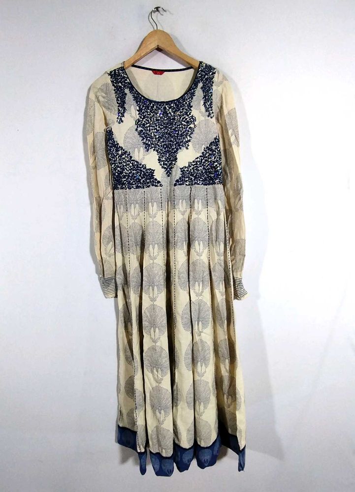 Cream And Navy Blue Embroidered Kurta (Women&#39;s)