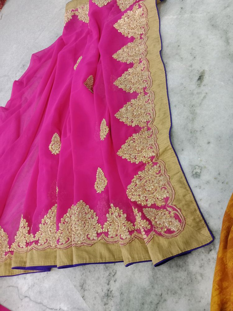 Pink Saree With Golden Zari Work