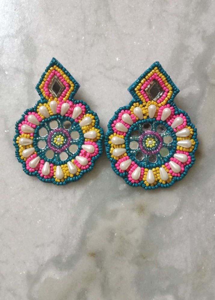 Mirror Embroidered Multicolor Circle Earrings