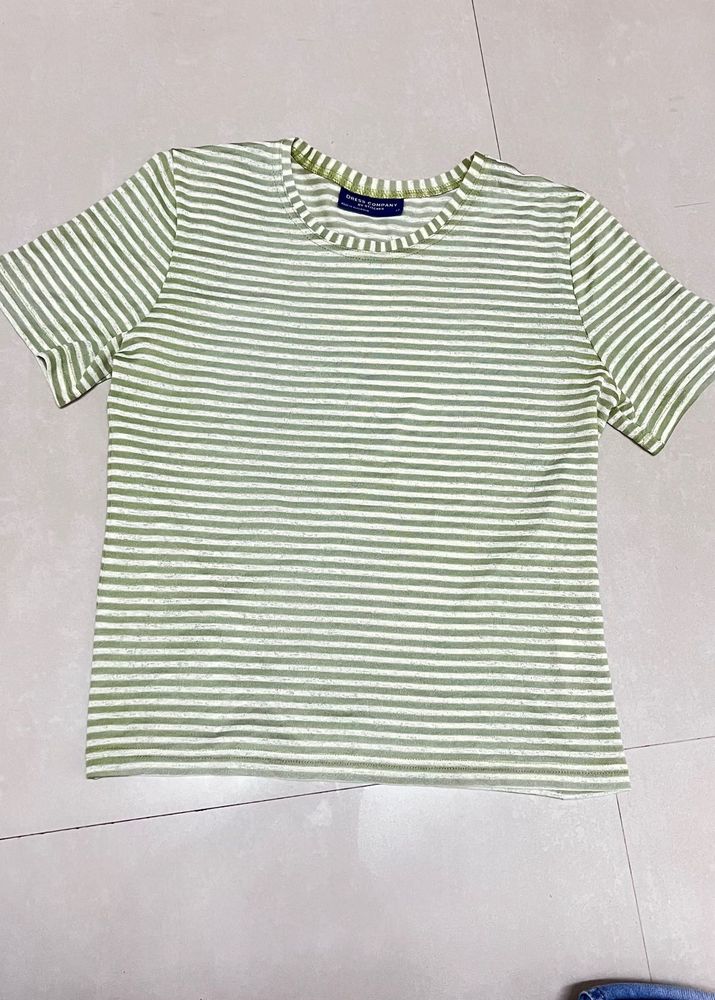 Olive Green &amp; White Striped Cotton T-Shirt Top