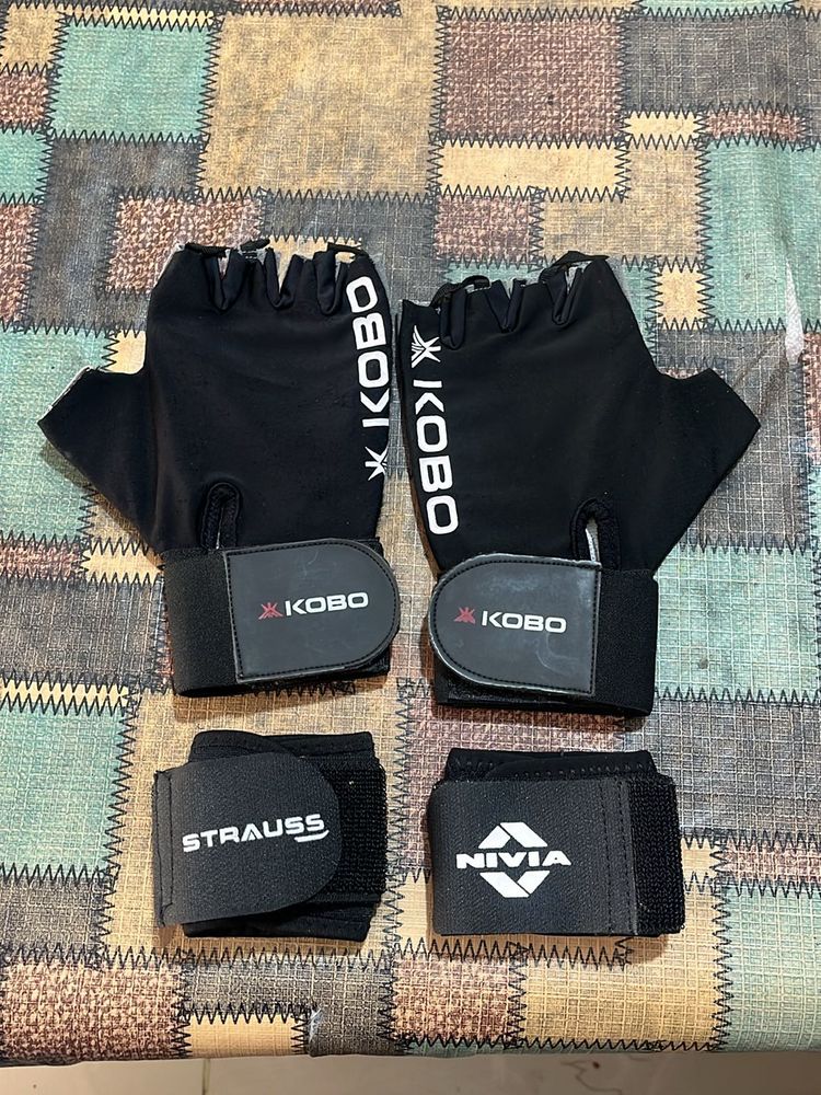 Combo Of 1 Gym Gloves With 2 Wrist Supporter
