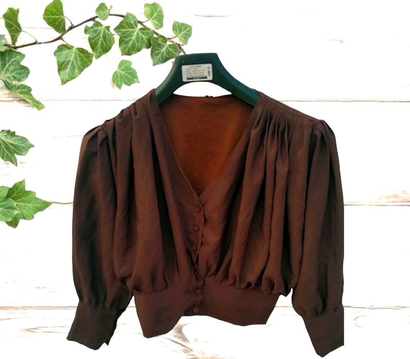 Zara Trending Brown Crop Top With Baloon Sleeves