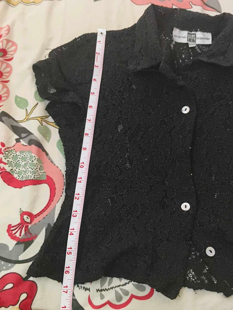 Black Lace Button-Down Top