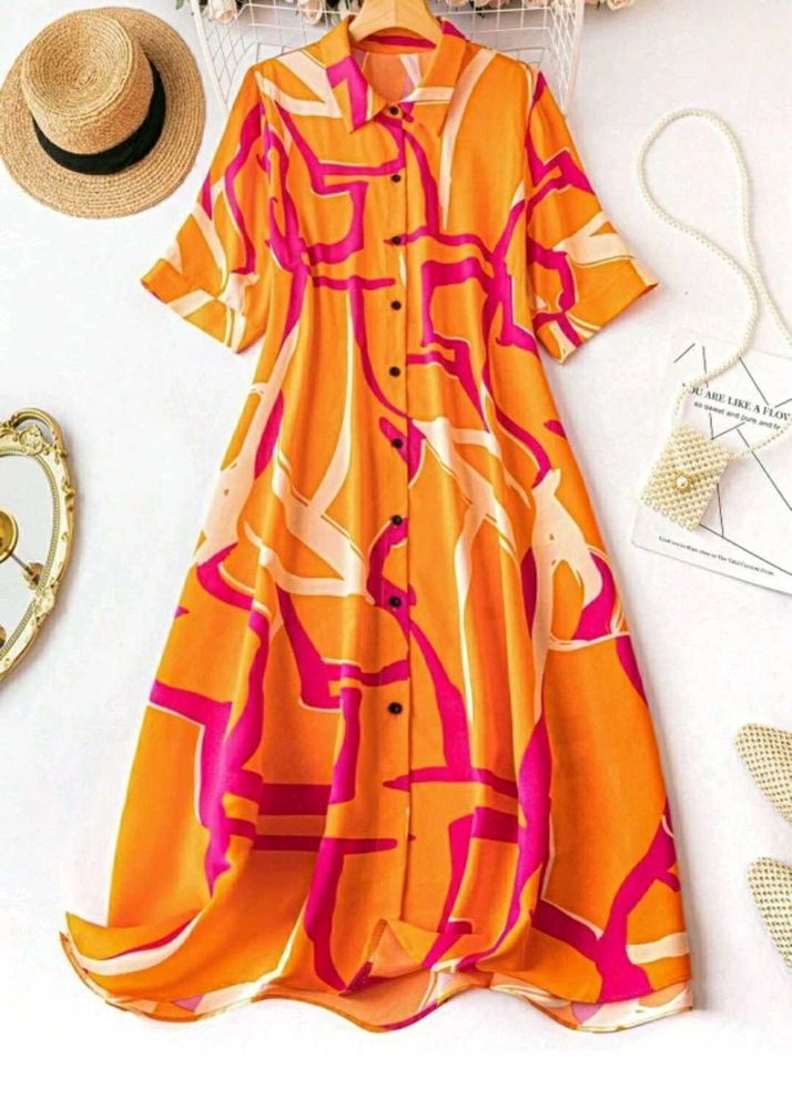 Orange Patterned Shirt Dress