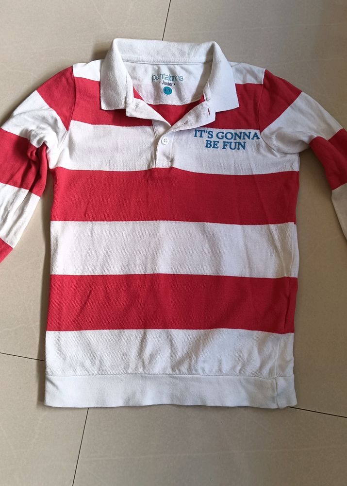 Pantaloons Red And White Boy&#39;s Full Sleeve Tshirt