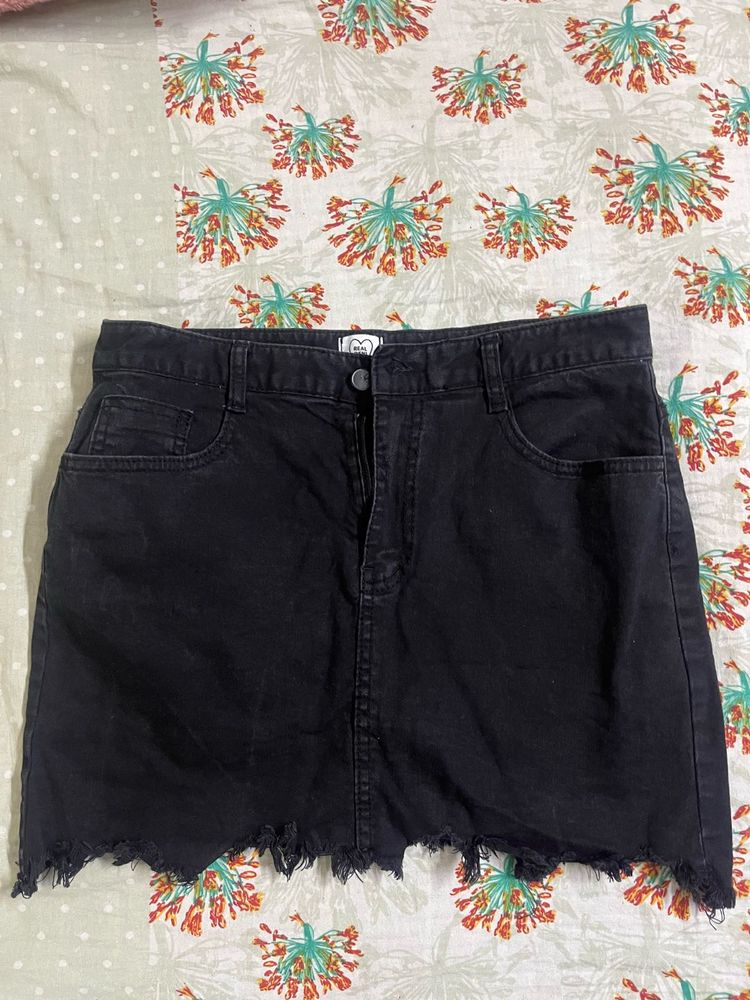 Black Denim Mini Skirt With Attached Shorts