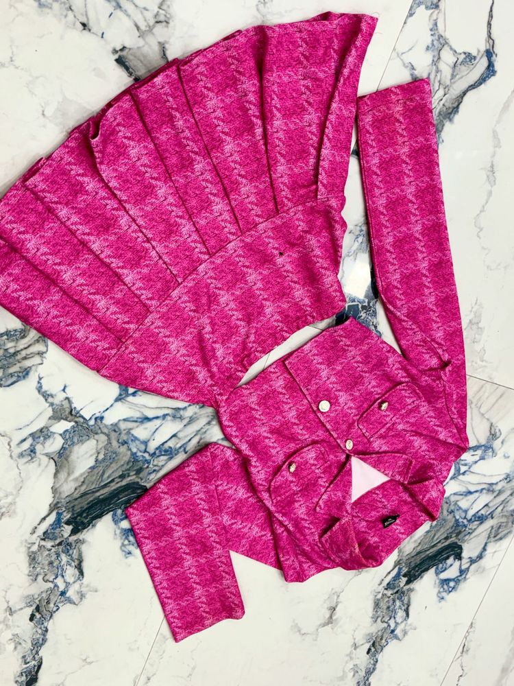 Pink Plaid Korean Crop Top and Skirt Set