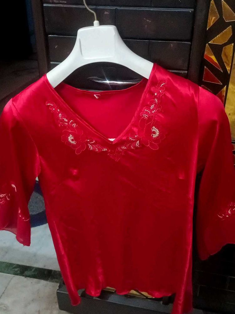 Red Embellish Night Suit