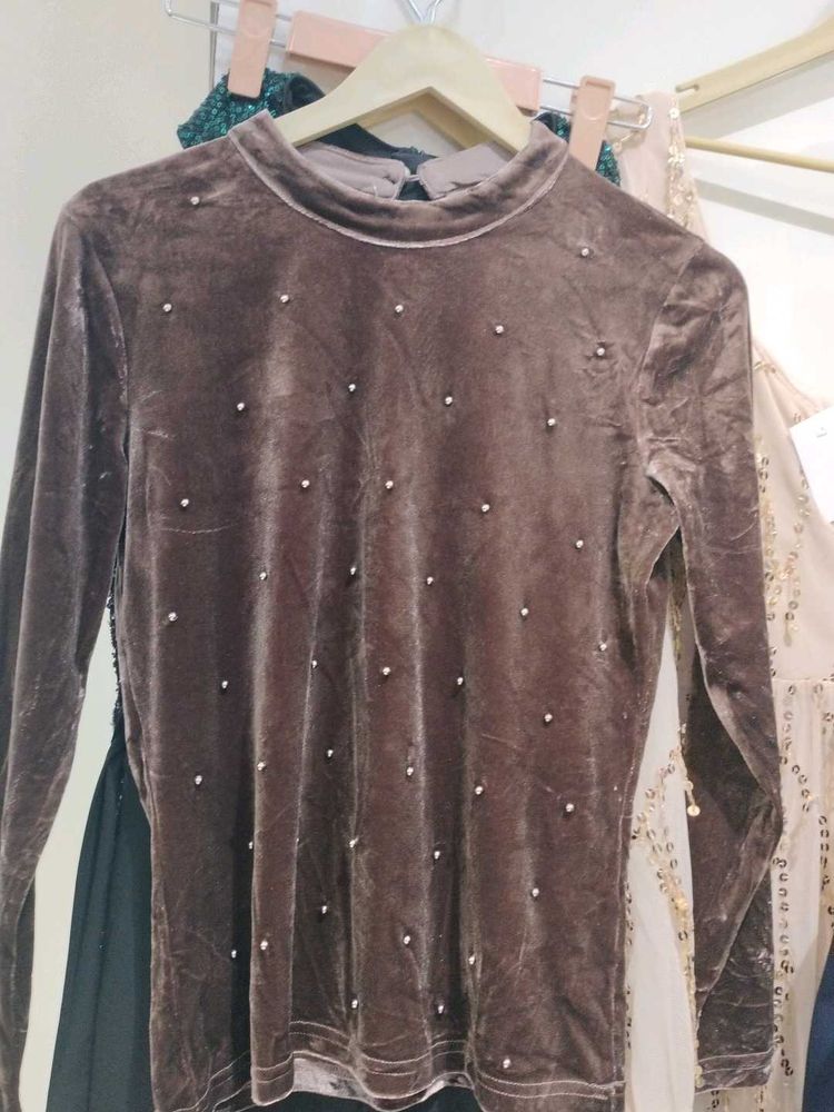 Brown Velvet Embellished Top