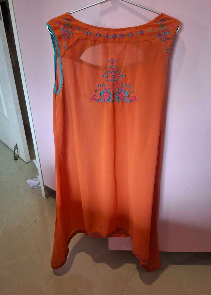 Orange Embroidered Sheer Top