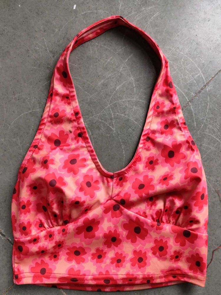 Y2K Floral Halter Crop Top - Pink &amp; Red