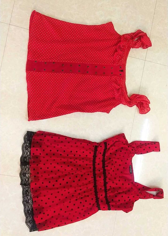 2 Combo Red Polka Dot Top &amp; Dress Set