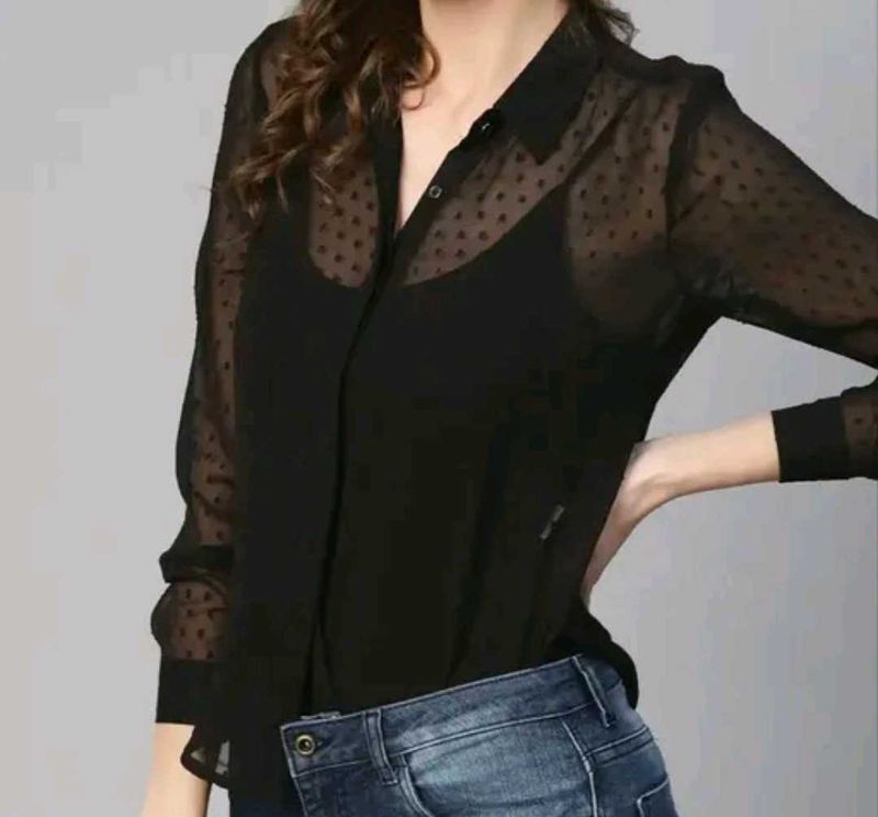 Black Sheer Polka Dot Top