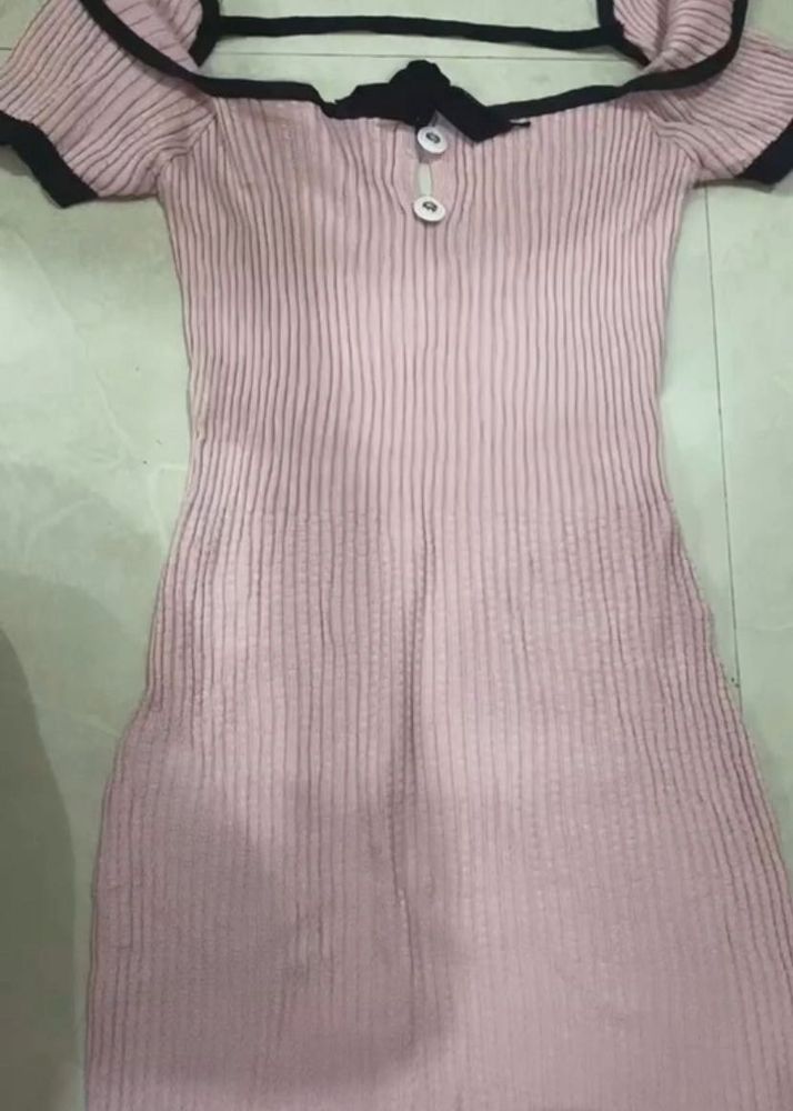 Pink Ribbed Knit Bow Dress
