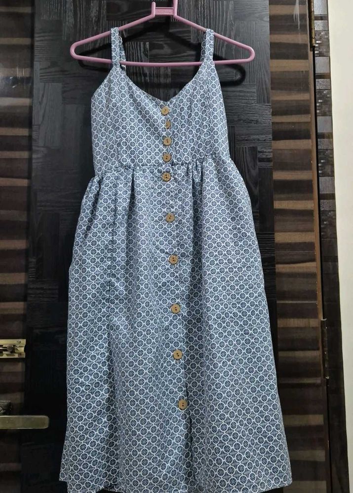 Blue Patterned Button-Down Dress