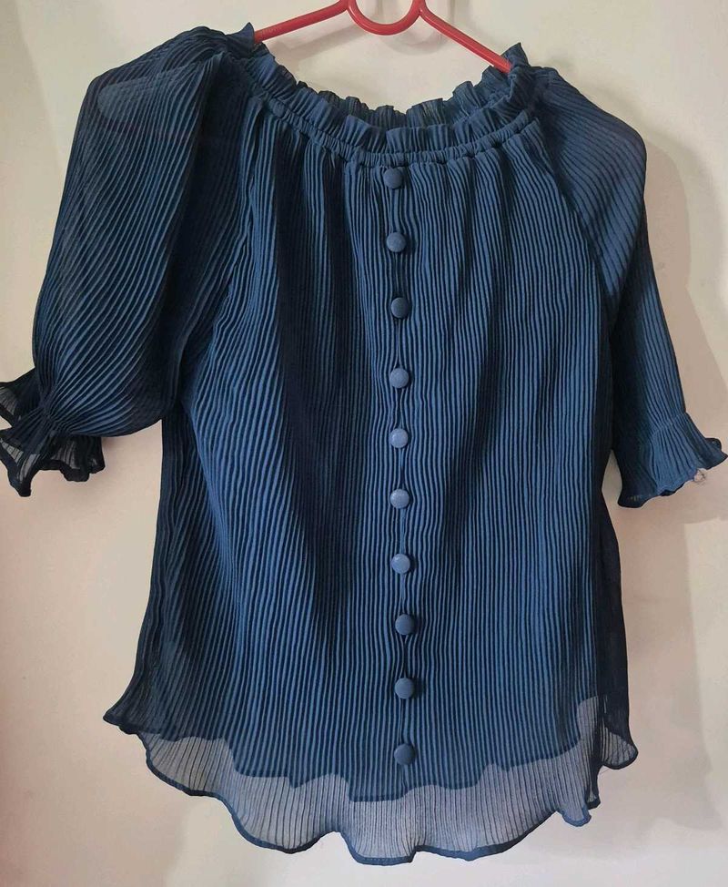 Elegant Navy Blue Pleated Off-Shoulder Top