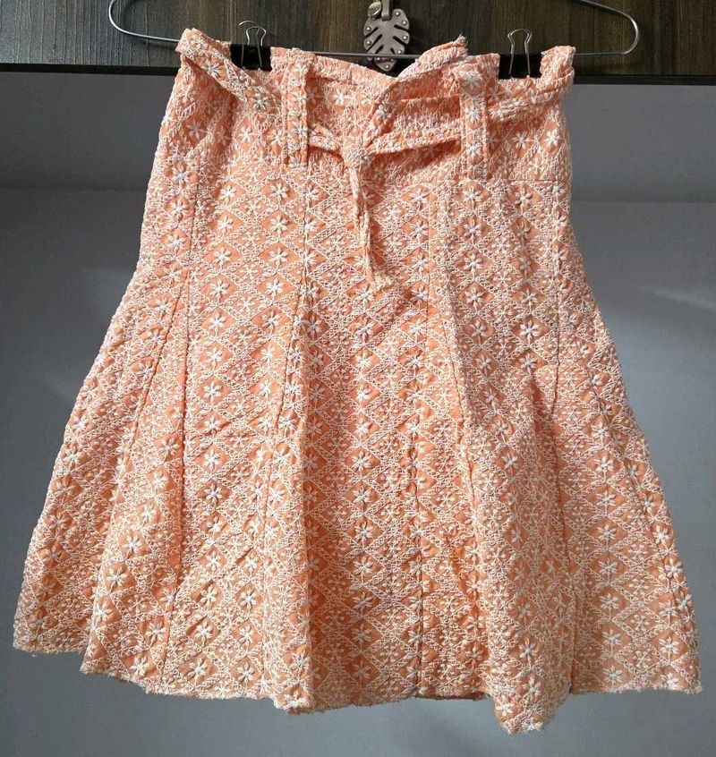 Peach Embroidered Mini Skirt