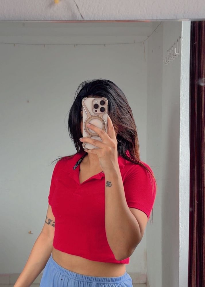 Red Polo Neck Crop Top