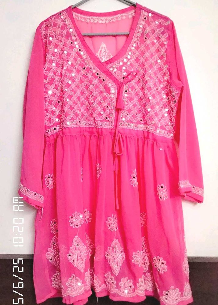 Angrakha pattern Chikankari work kurti