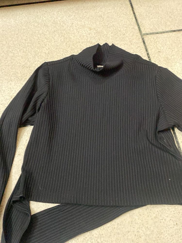 Black Ribbed Mock Neck Top