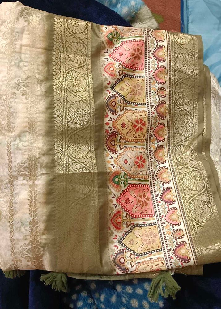 Designer Light Green and Cream Silk Saree