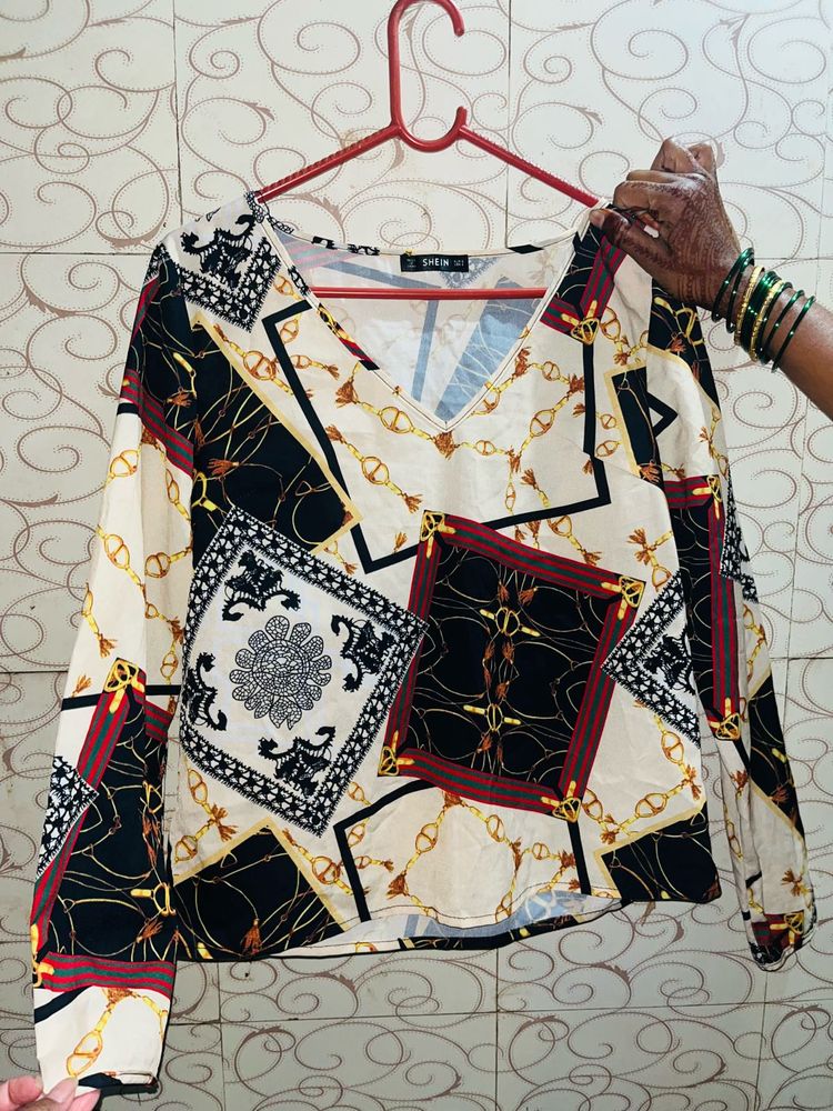 Shein Patterned V-Neck Blouse