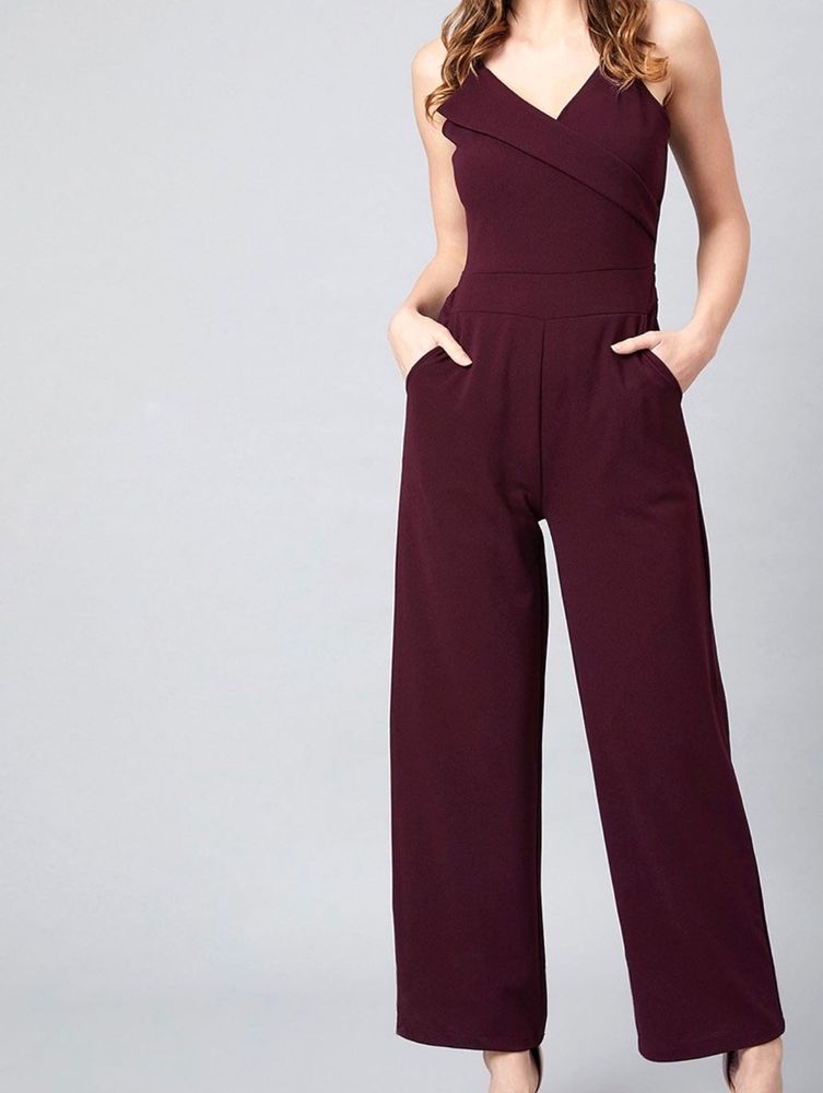 Athena Women Burgundy Solid Baisc Jumpsuit