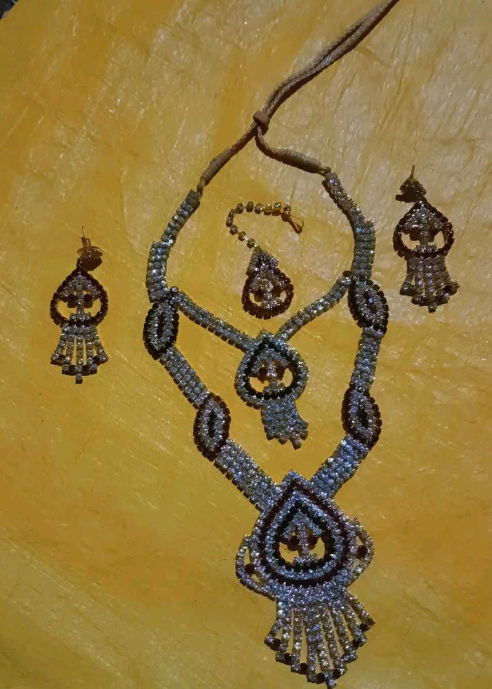Rhinestone Necklace, Earrings &amp; Maang Tikka Set