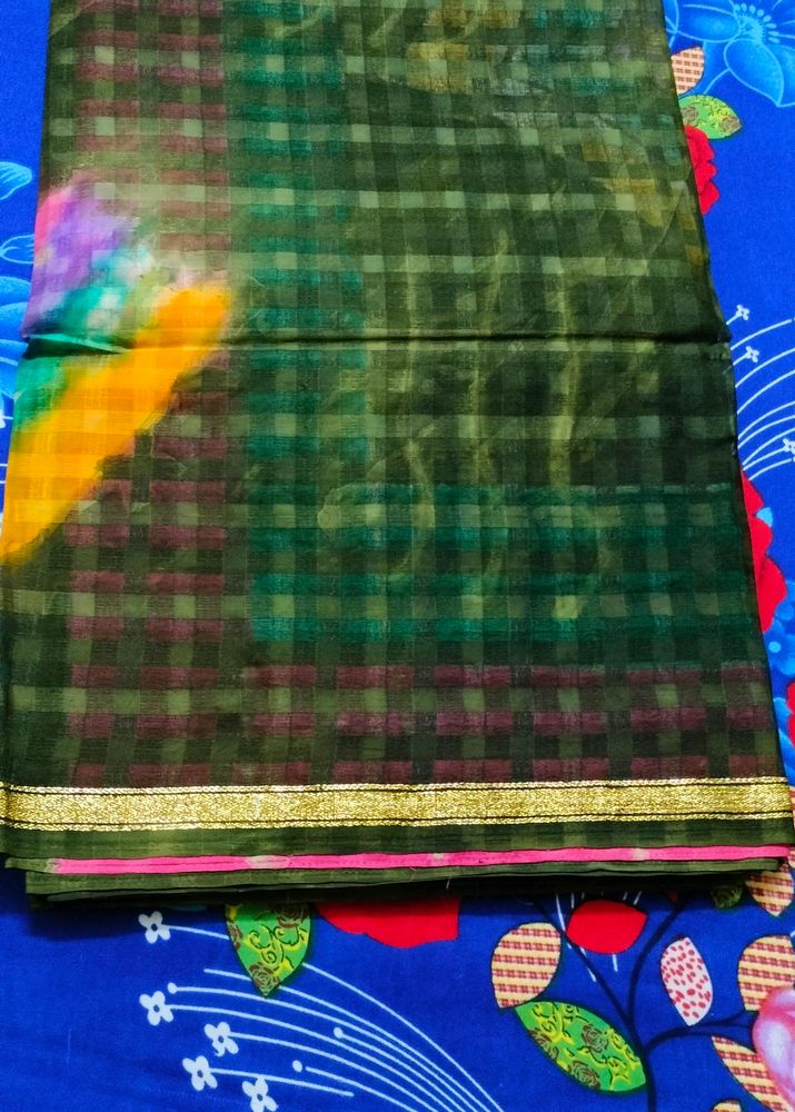 Bottle Green Colour Cotton Saree