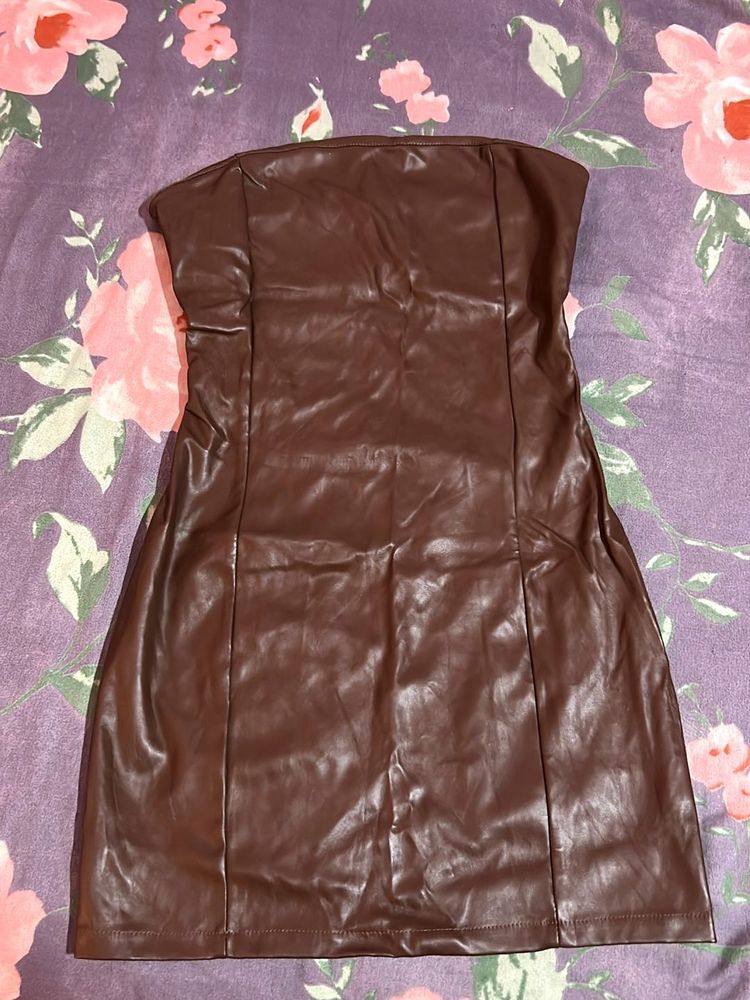 Brown Faux Leather Mini Dress
