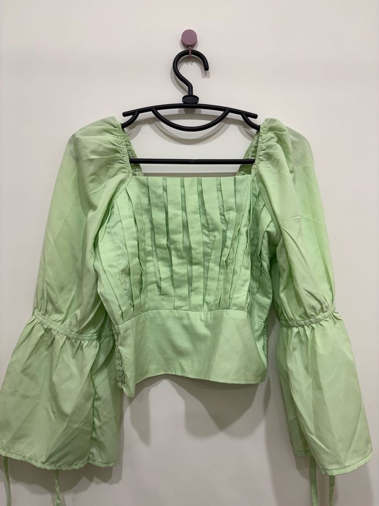 Mint Green Puff Sleeve Corset-Style Top