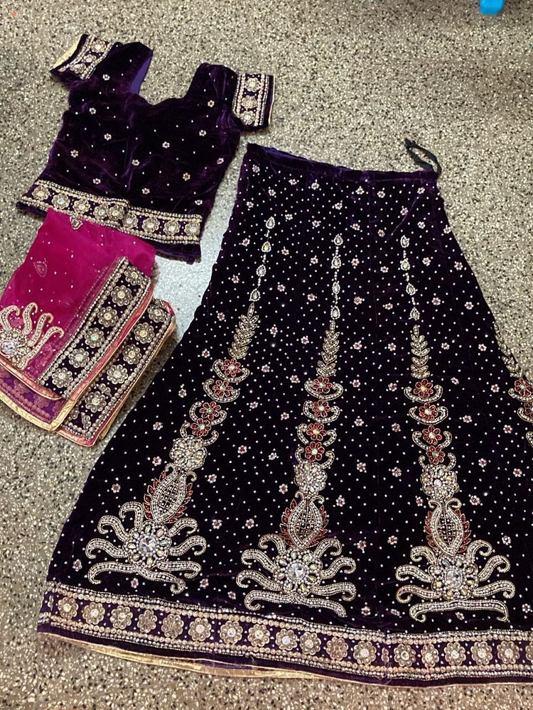 Elegant Purple Velvet Lehenga Choli Set