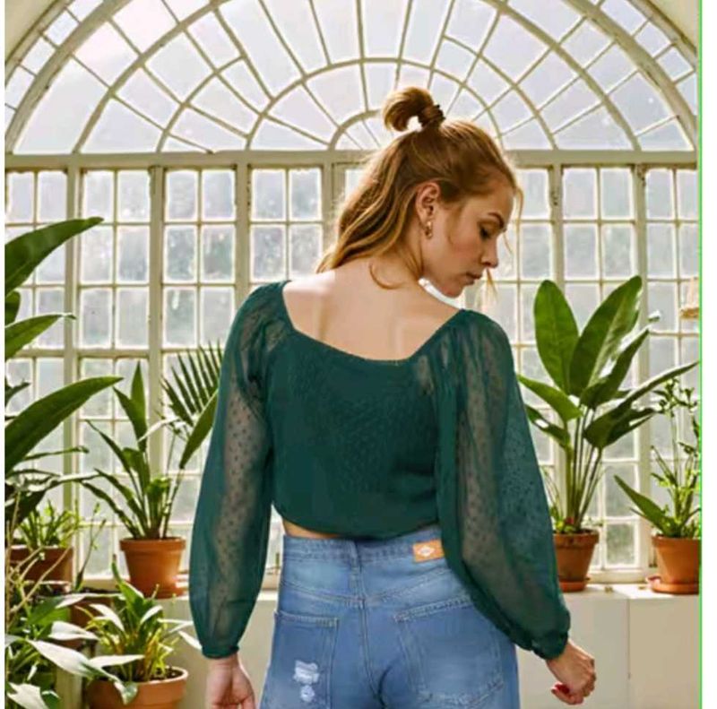 Green Sheer Sleeve Crop Top