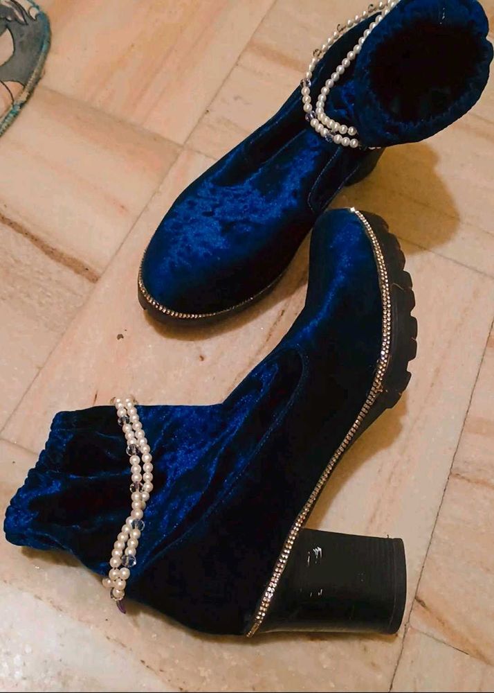 Blue Velvet Pearl Boots