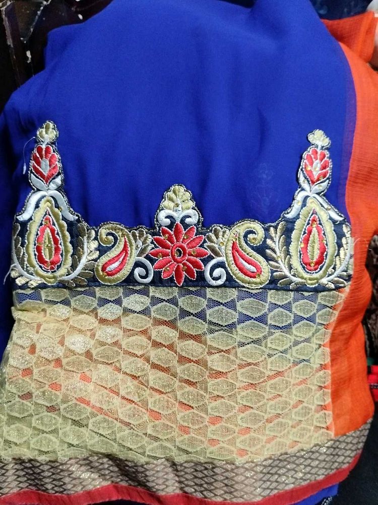Elegant Blue and orange Saree with golden net