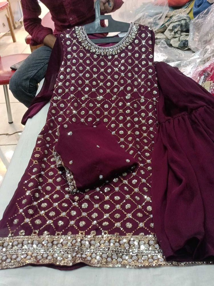 Maroon Embellished Kurta Set