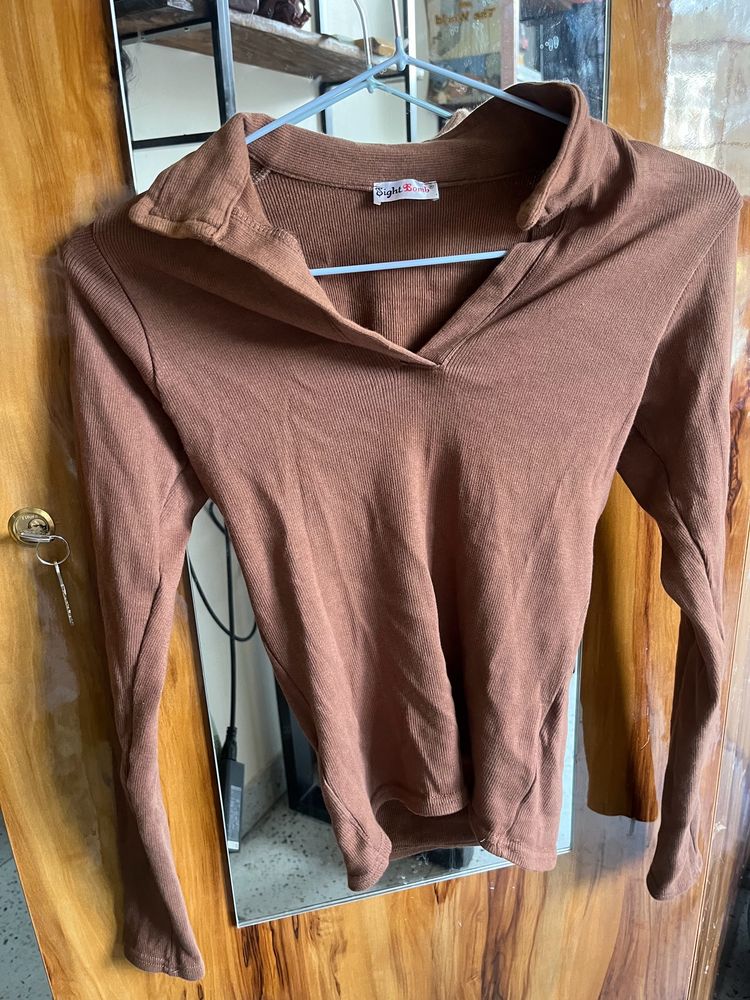 Women Casual Fitted Top Brown