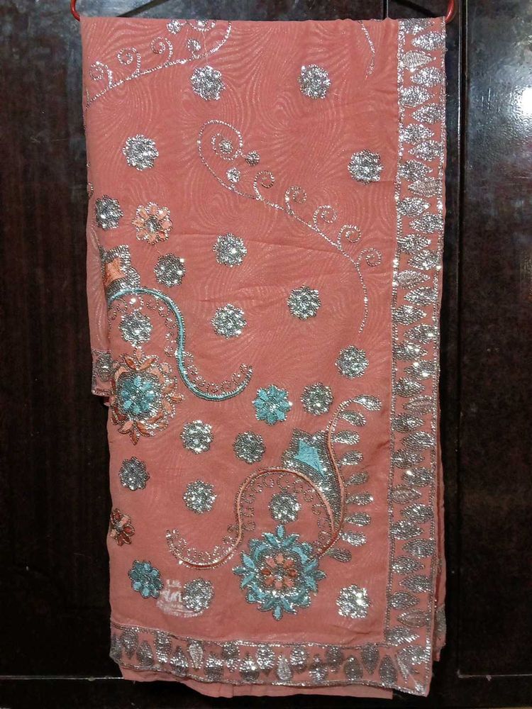 Embroidered Peach Saree