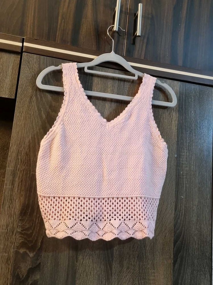 Pink Knitted Cotton Tank Top / Crop To