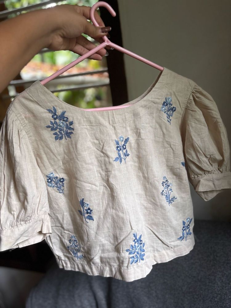 Bombay Paisley Beige Floral Embroidered Cotton Top