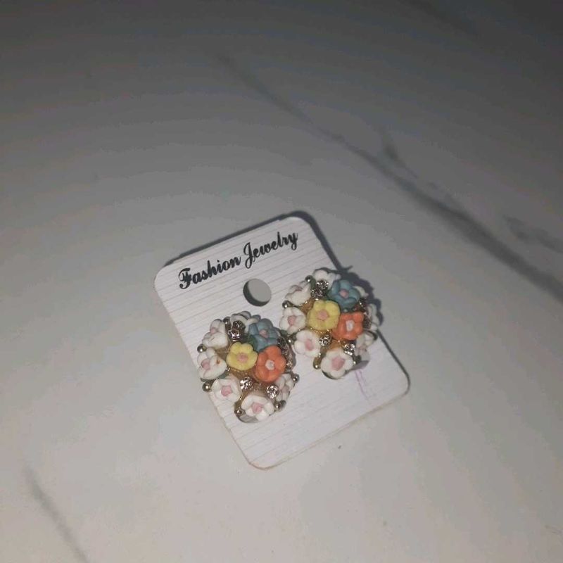 Multi-color Flower Studs With Gold Stones Work