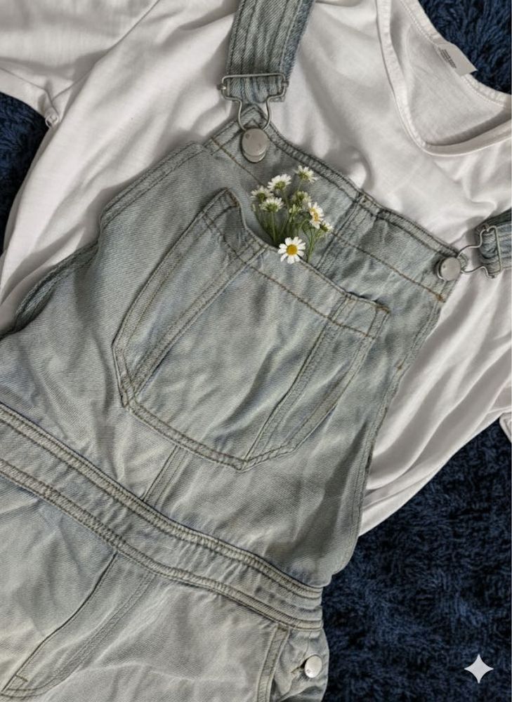 H&amp;M washed blue denim cotton dungree