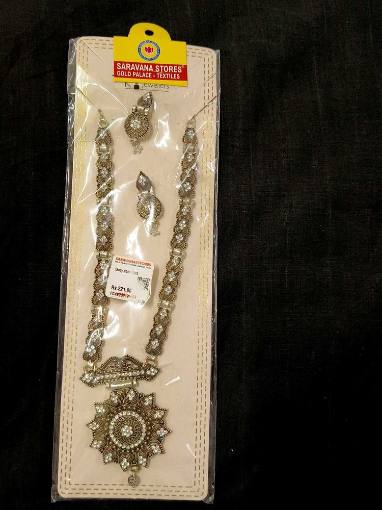 Silver Long Necklace Set with Pendant and Earrings