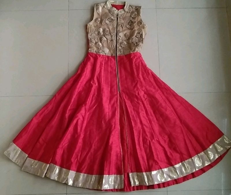 Red Zipper Gown Dress With Golden Lengha Size-M